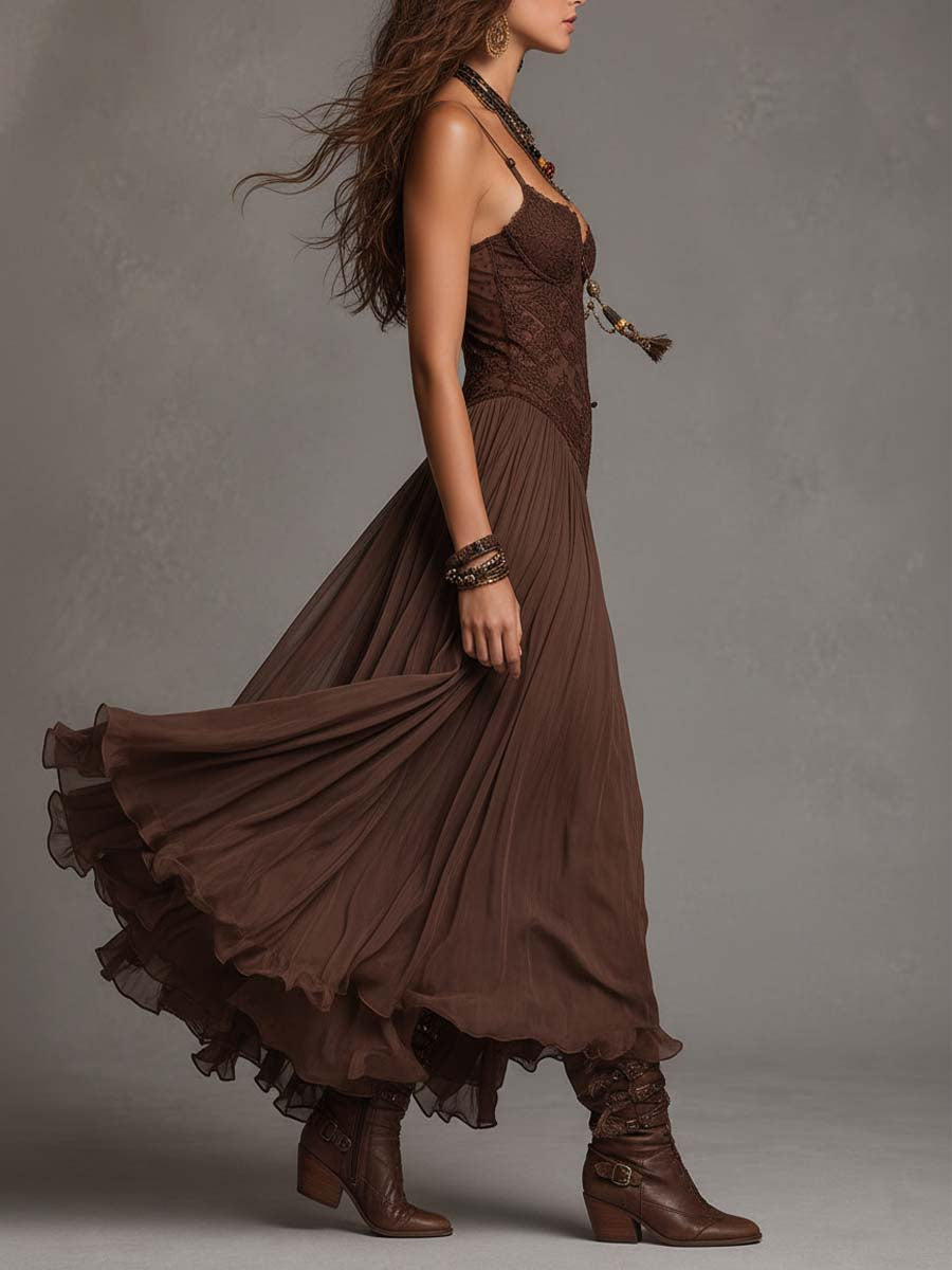 Vestido maxi de gasa marrón oscuro con paneles de encaje delicados