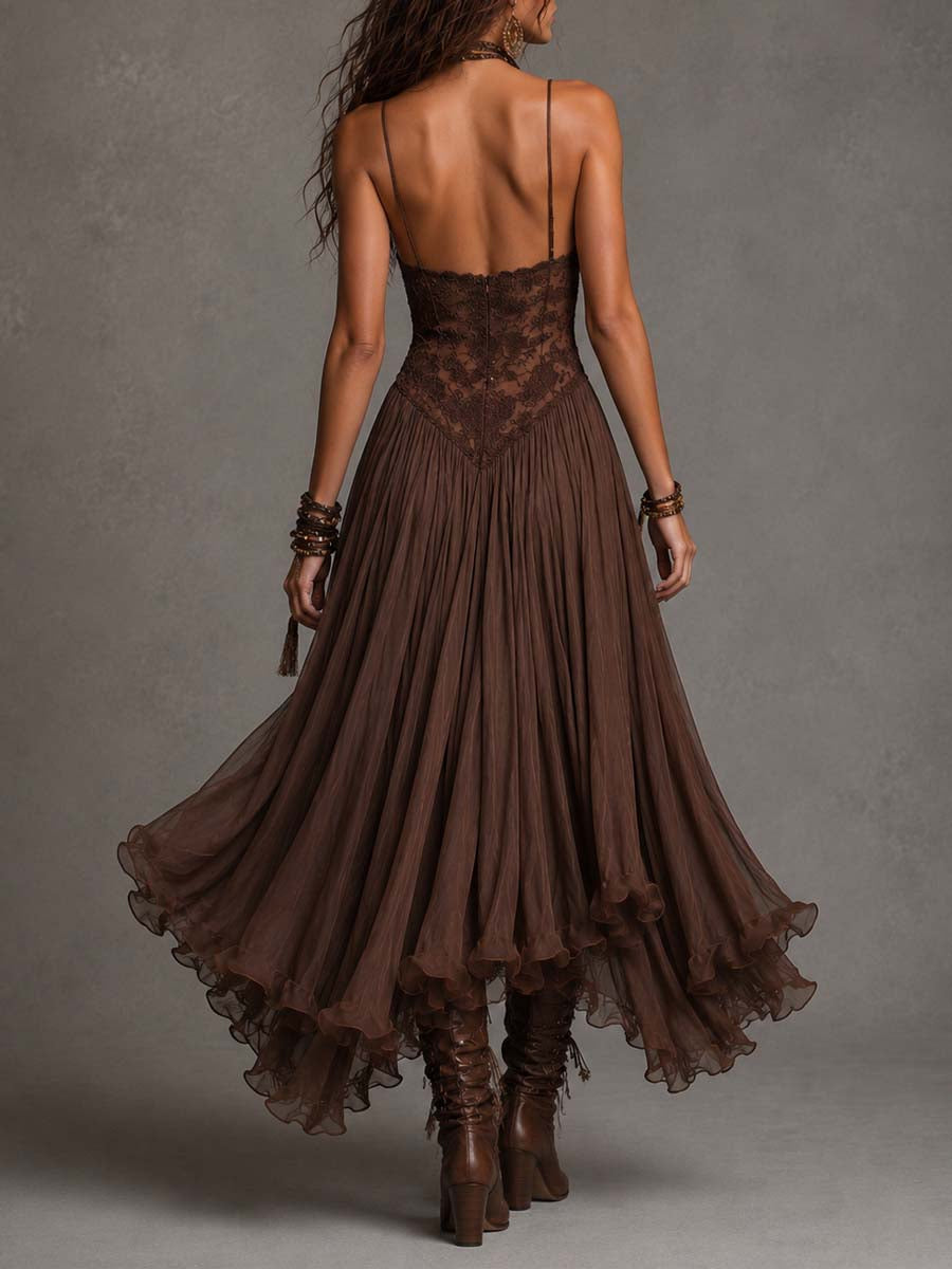 Vestido maxi de gasa marrón oscuro con paneles de encaje delicados