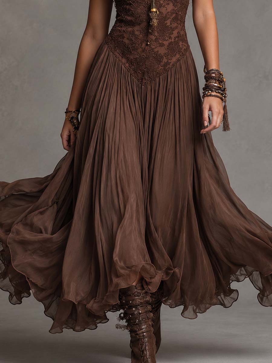Vestido maxi de gasa marrón oscuro con paneles de encaje delicados