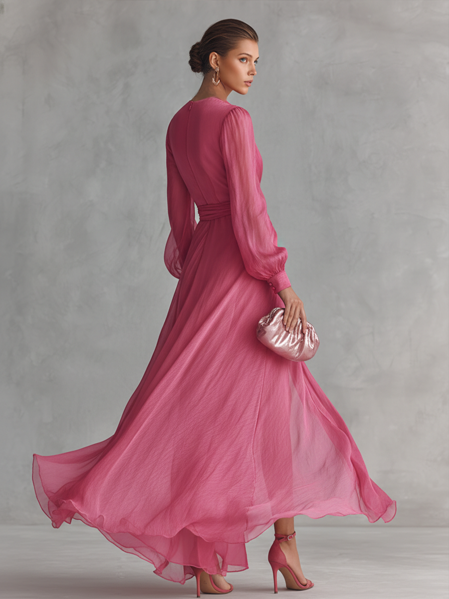 Vestido largo rosa perla con escote en V y cinturón en la cintura