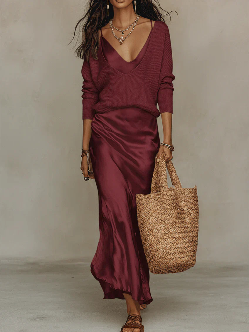 Elena | Vestido midi de satén elegante con suéter incluido