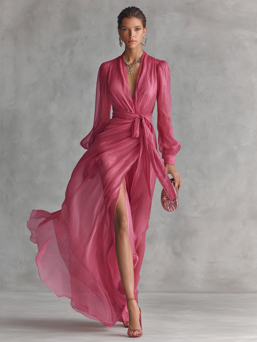 Vestido largo rosa perla con escote en V y cinturón en la cintura