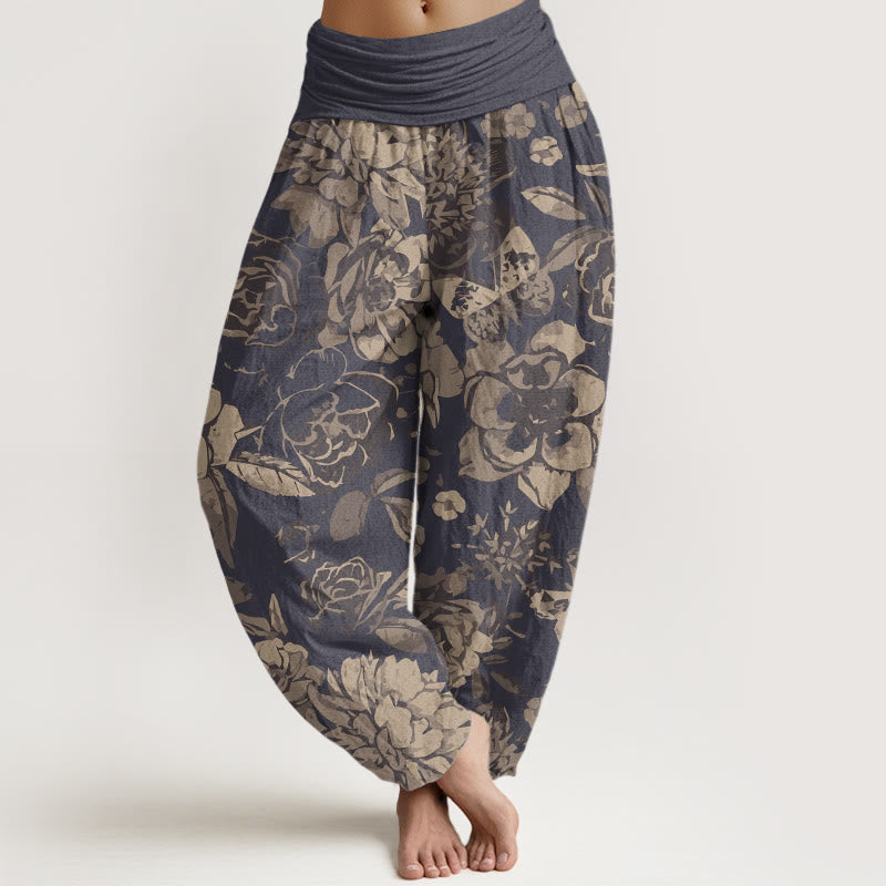 Buddha Pantalones de Algodón – Cintura Elástica, Corte Casual, con Estampado Floral de Peonía
