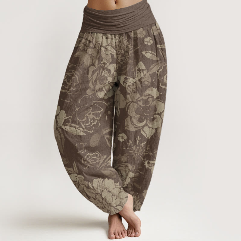 Buddha Pantalones de Algodón – Cintura Elástica, Corte Casual, con Estampado Floral de Peonía