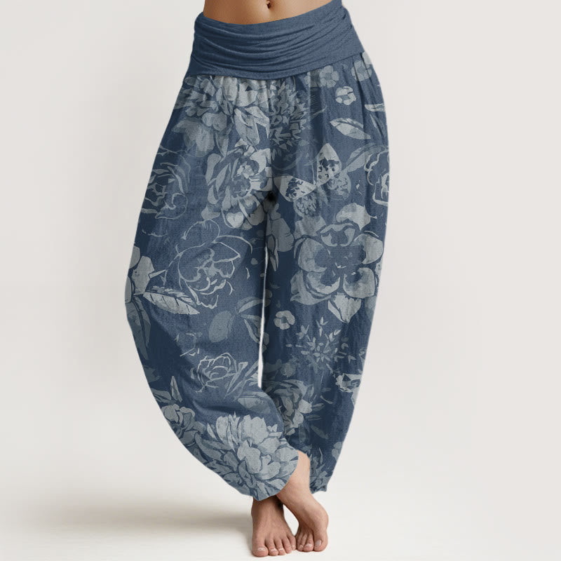Buddha Pantalones de Algodón – Cintura Elástica, Corte Casual, con Estampado Floral de Peonía