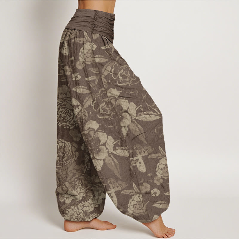 Buddha Pantalones de Algodón – Cintura Elástica, Corte Casual, con Estampado Floral de Peonía
