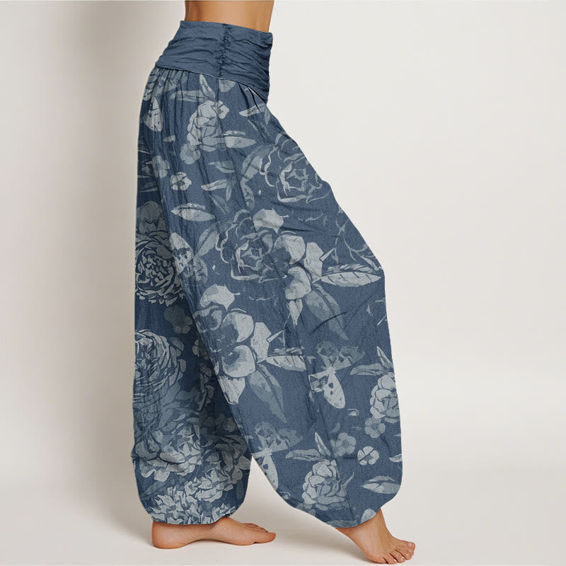 Buddha Pantalones de Algodón – Cintura Elástica, Corte Casual, con Estampado Floral de Peonía