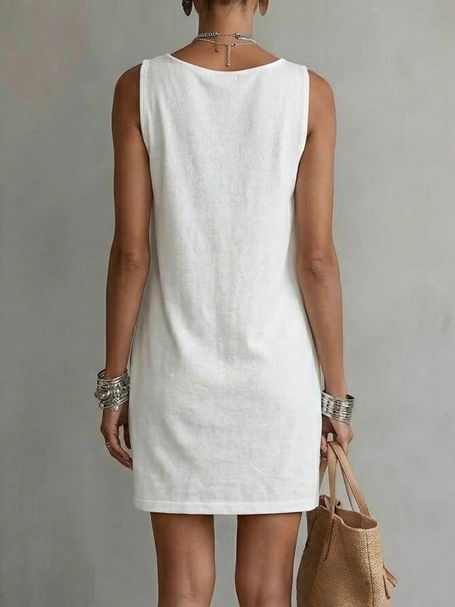 Vestido de algodón sin mangas con escote drapeado y estilo chic