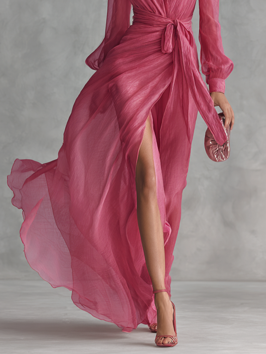 Vestido largo rosa perla con escote en V y cinturón en la cintura