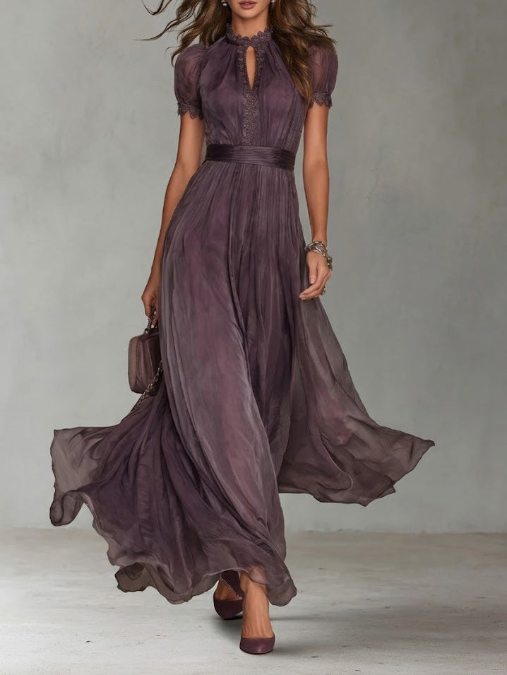 Flavia - Vestido largo morado con escote en lágrima y borde de encaje de chifón