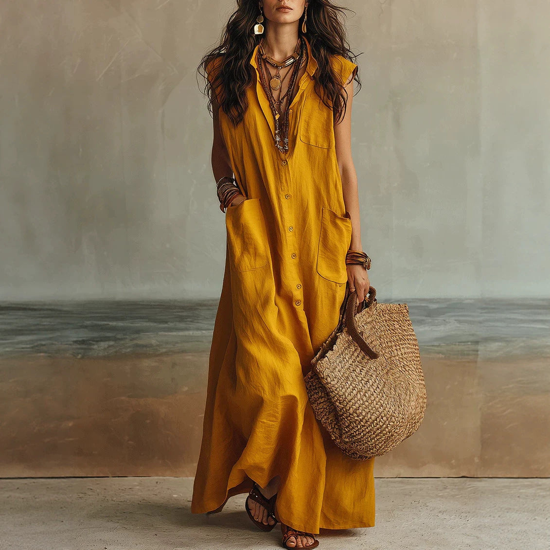 Vestido camisero bohemio - Corte holgado, para el uso diario en desplazamientos