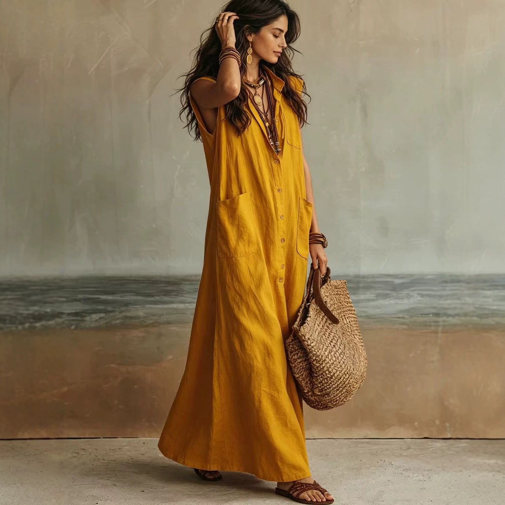 Vestido camisero bohemio - Corte holgado, para el uso diario en desplazamientos