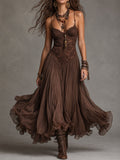 Vestido maxi de gasa marrón oscuro con paneles de encaje delicados