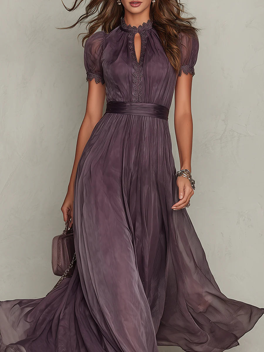 Flavia - Vestido largo morado con escote en lágrima y borde de encaje de chifón