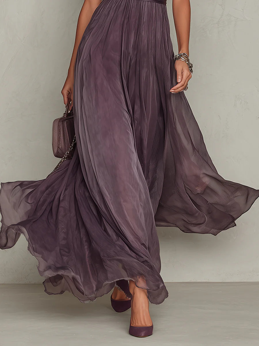 Flavia - Vestido largo morado con escote en lágrima y borde de encaje de chifón