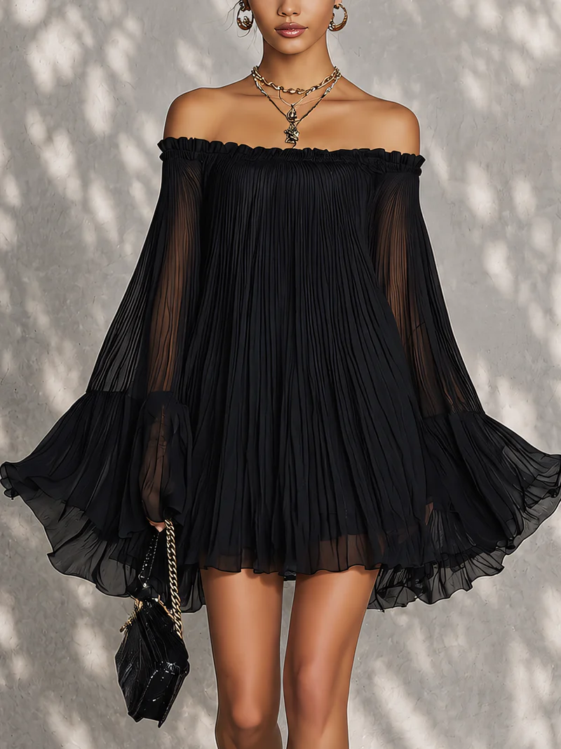 Vestido corto negro con hombros descubiertos y mangas campana con volantes