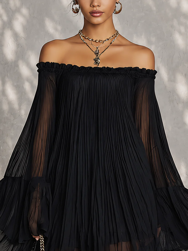 Vestido corto negro con hombros descubiertos y mangas campana con volantes