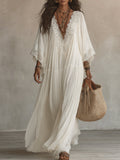 Elegante vestido maxi de chiffon blanco con encaje, escote en V y manga murciélago