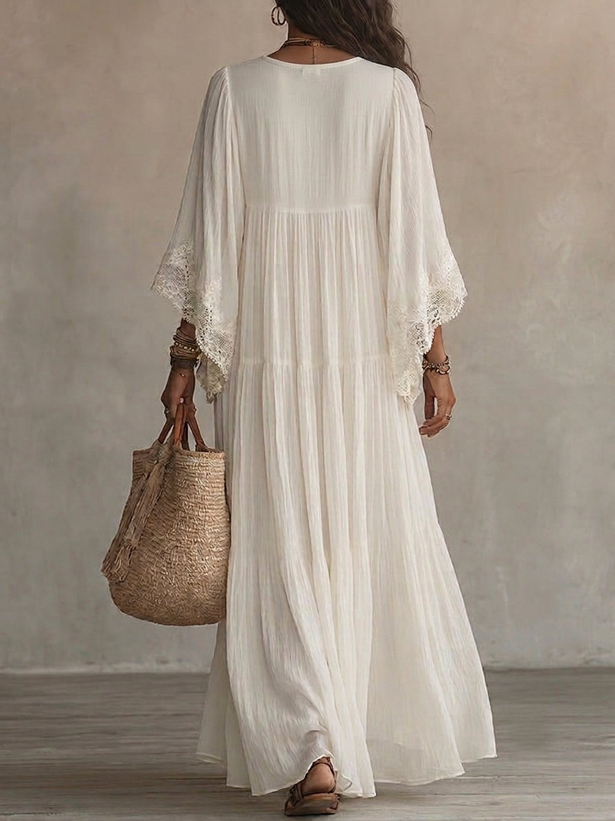 Elegante vestido maxi de chiffon blanco con encaje, escote en V y manga murciélago