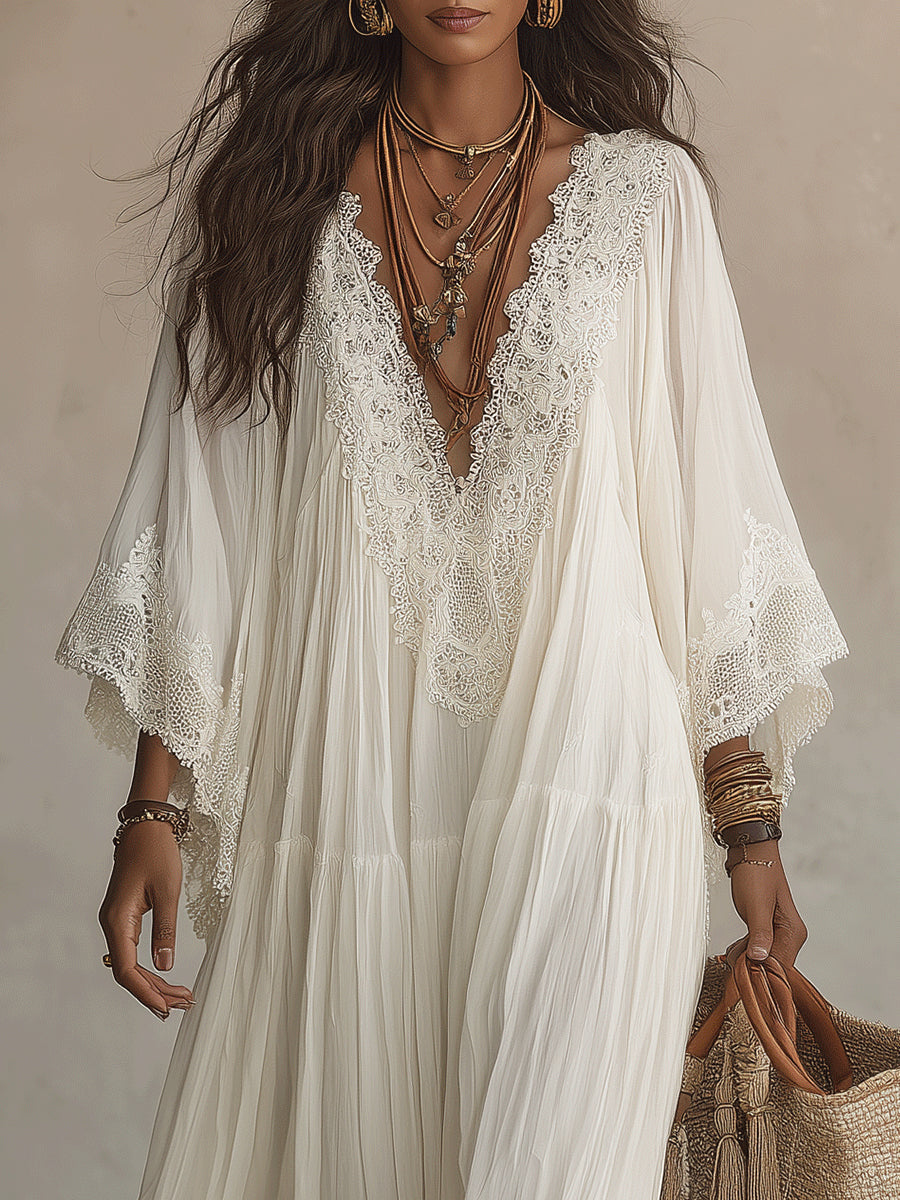 Elegante vestido maxi de chiffon blanco con encaje, escote en V y manga murciélago