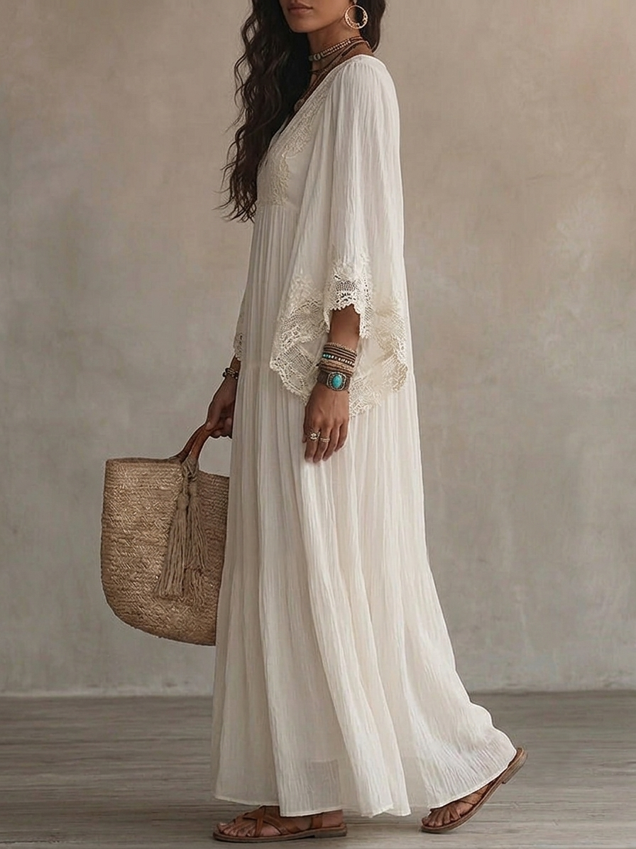 Elegante vestido maxi de chiffon blanco con encaje, escote en V y manga murciélago