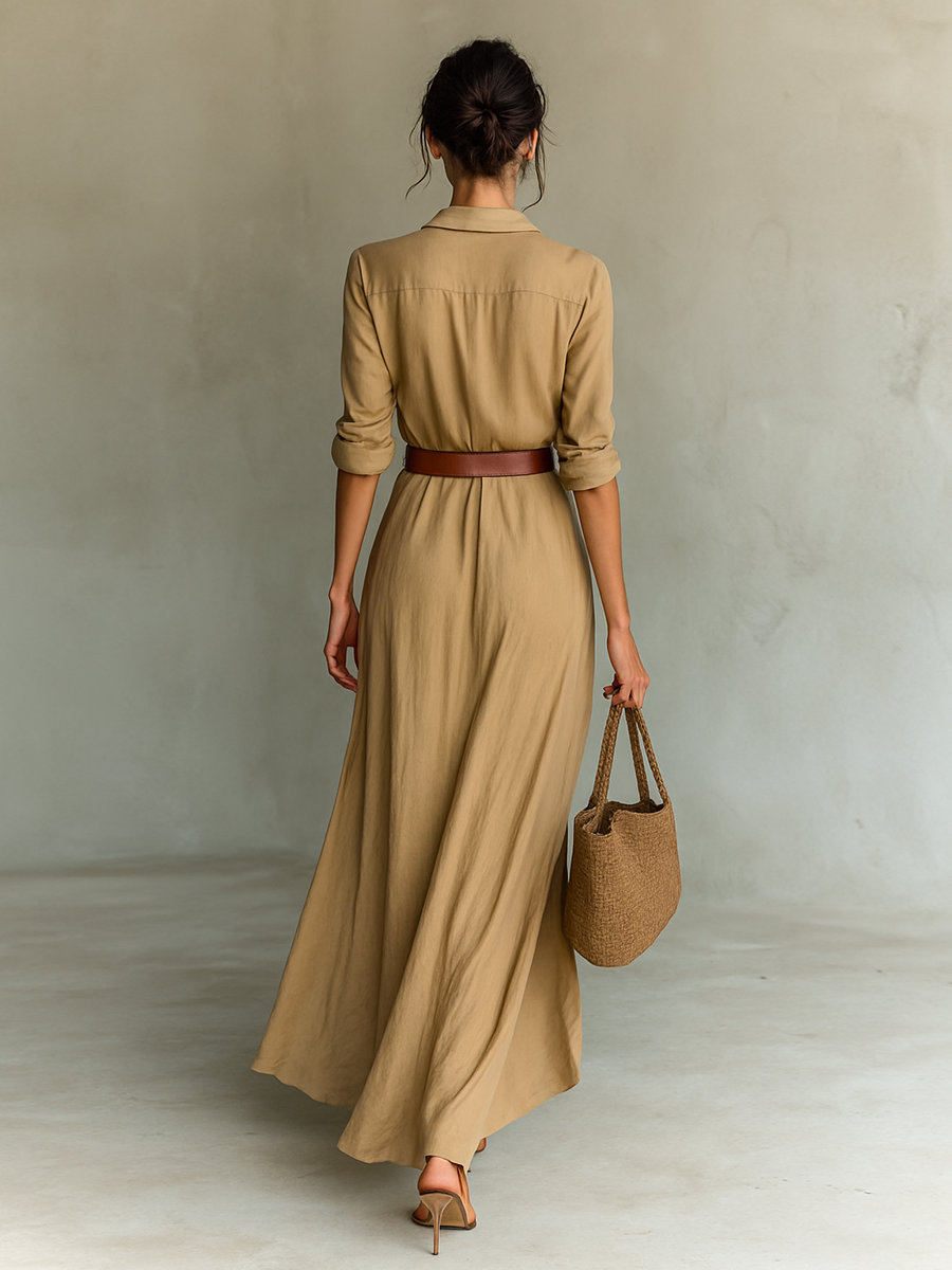 Vestido Largo con Cuello de Solapa y Mangas Largas