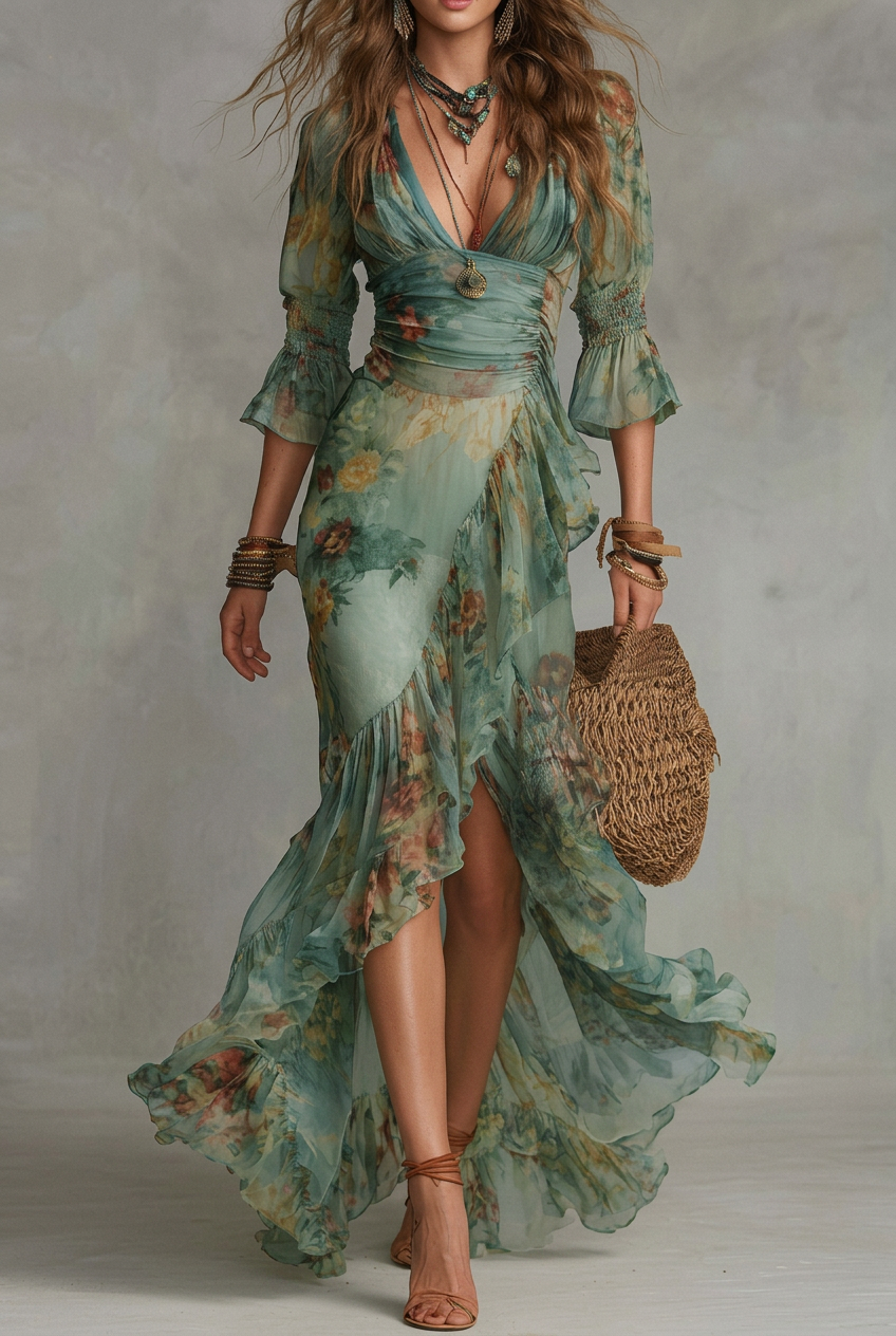 Vestido verde hierba con pliegues irregulares y abertura