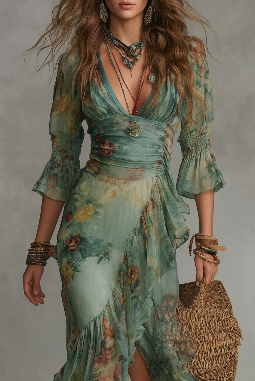 Vestido verde hierba con pliegues irregulares y abertura