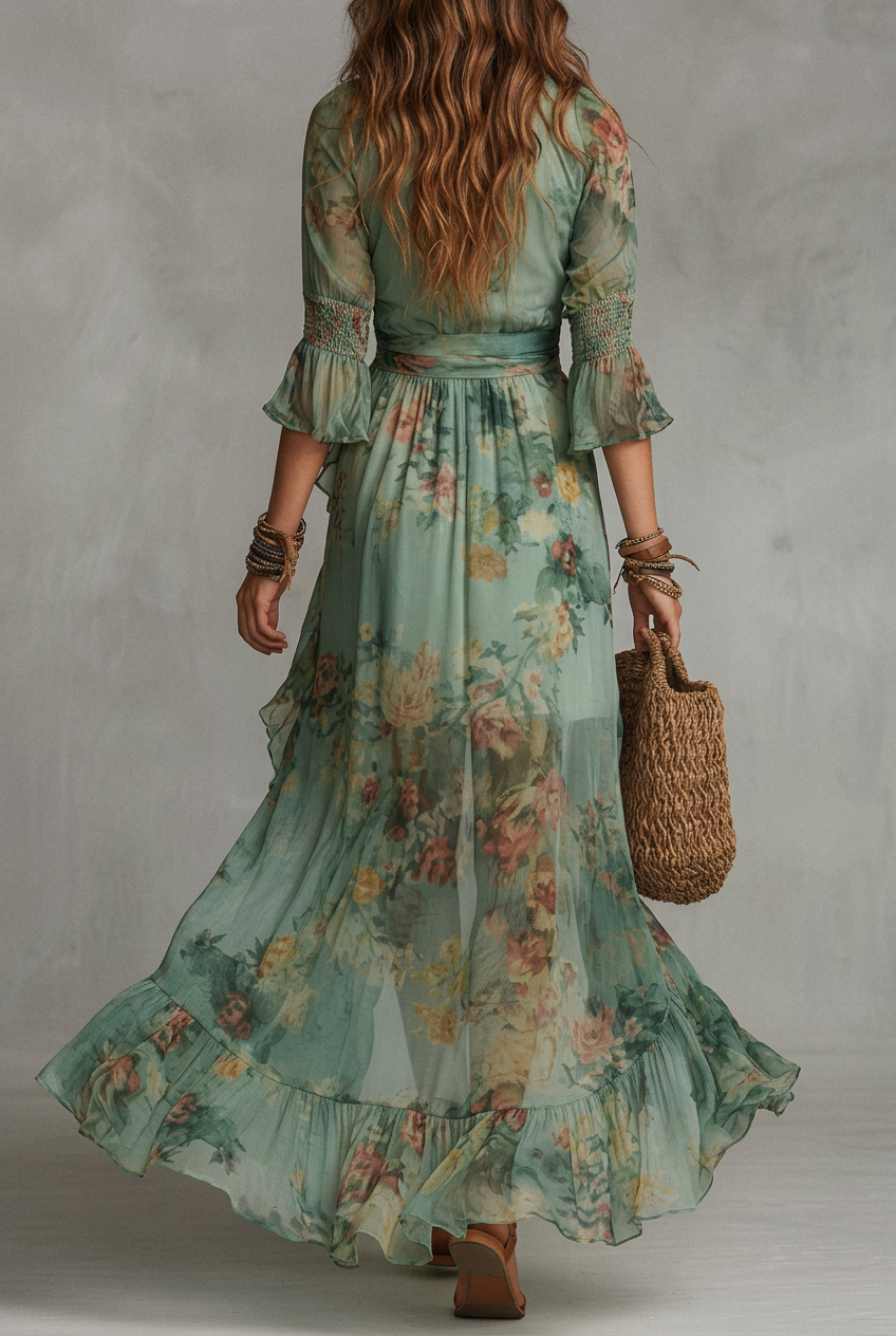 Vestido verde hierba con pliegues irregulares y abertura