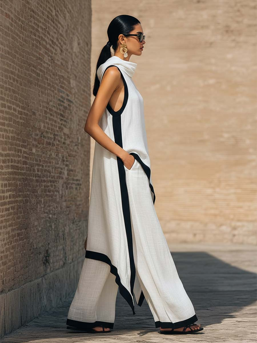 Conjunto de dos piezas en lino y algodón, elegante con corte artístico.