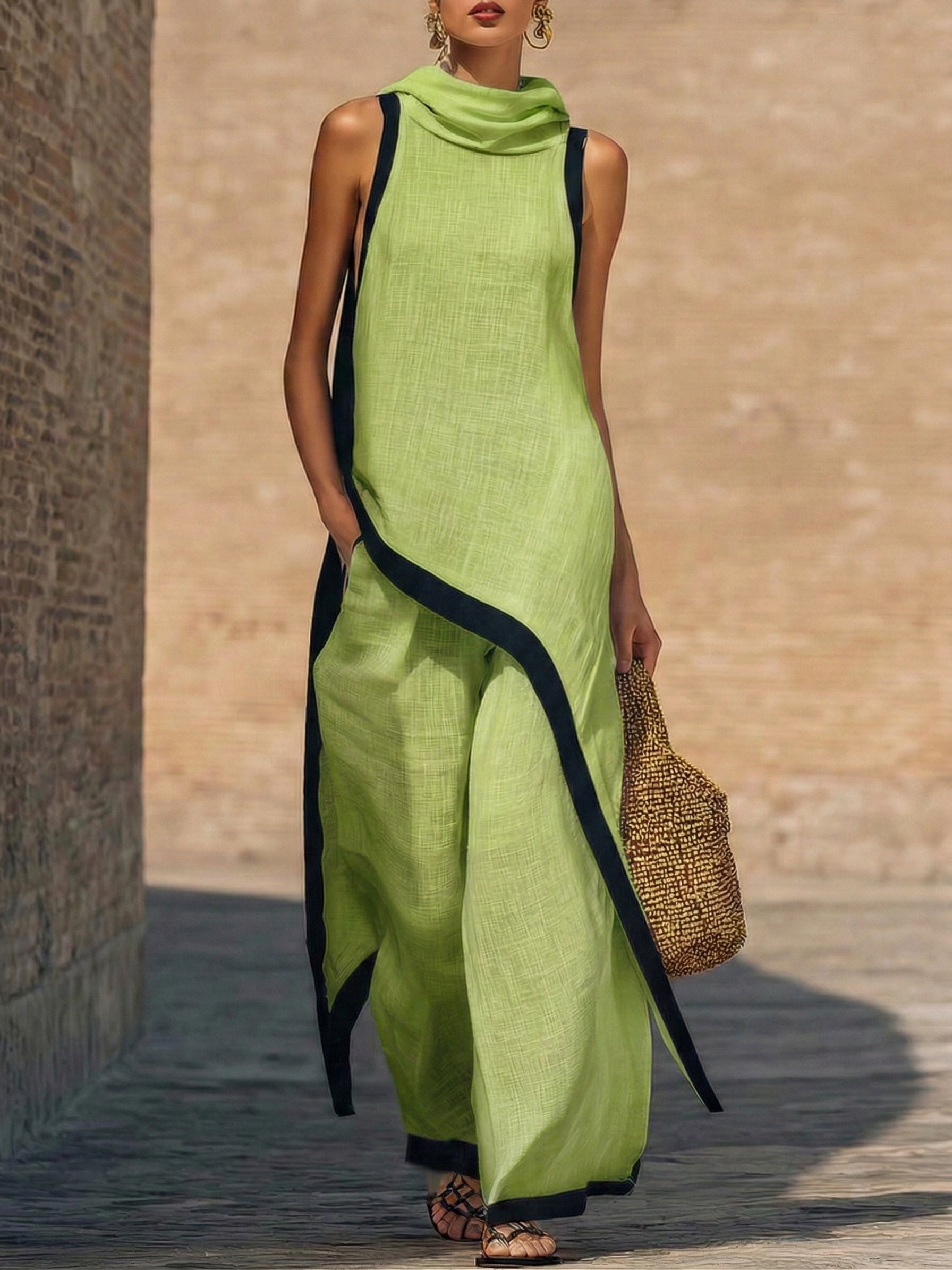 Conjunto de dos piezas en lino y algodón, elegante con corte artístico.