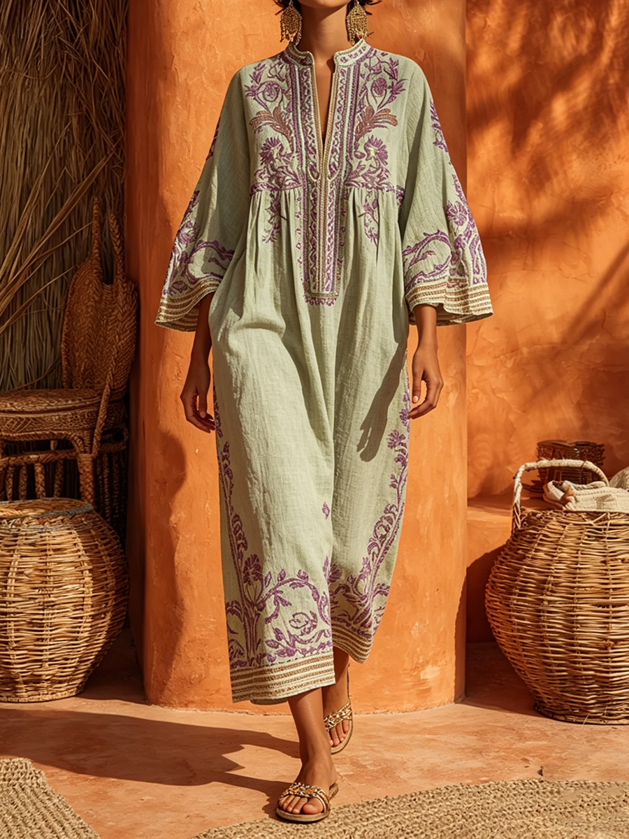 Vestido maxi bohemio de algodón y lino con estampado floral - estilo veraniego ligero y sin esfuerzo