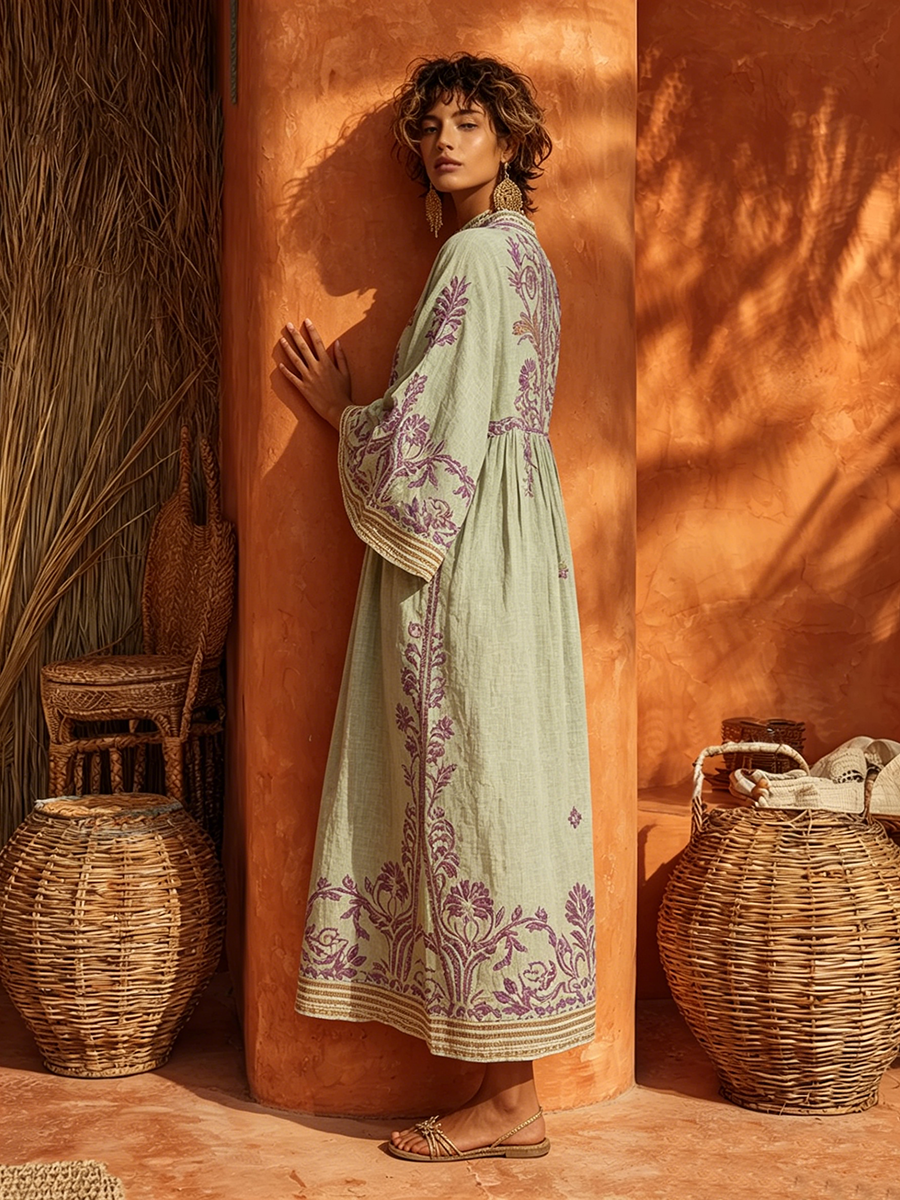 Vestido maxi bohemio de algodón y lino con estampado floral - estilo veraniego ligero y sin esfuerzo