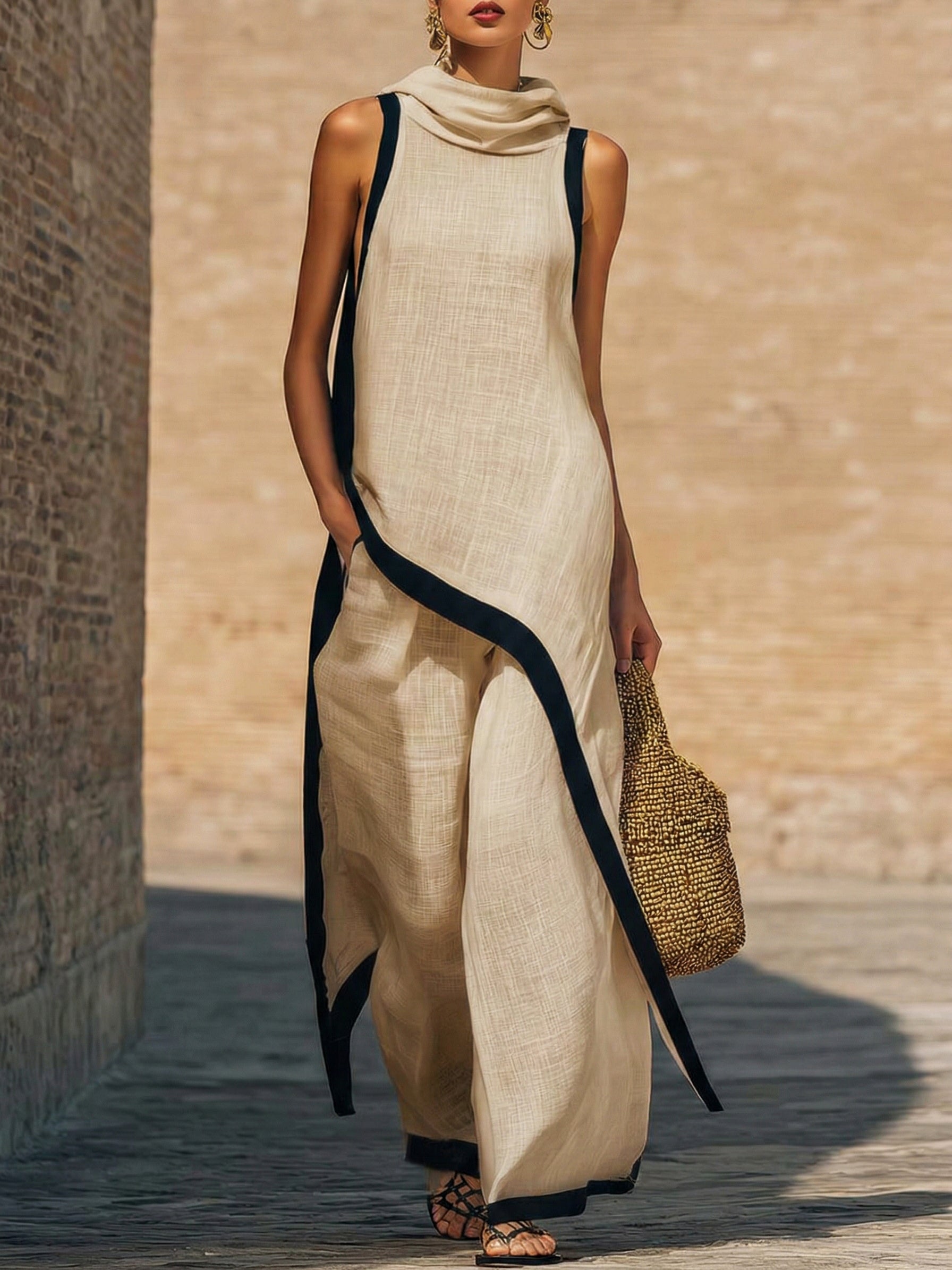 Conjunto de dos piezas en lino y algodón, elegante con corte artístico.