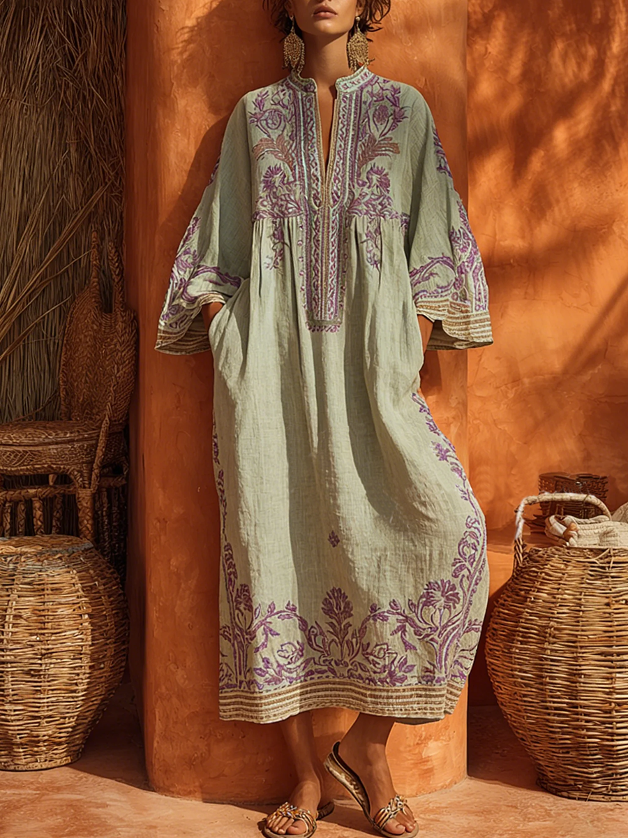 Vestido maxi bohemio de algodón y lino con estampado floral - estilo veraniego ligero y sin esfuerzo