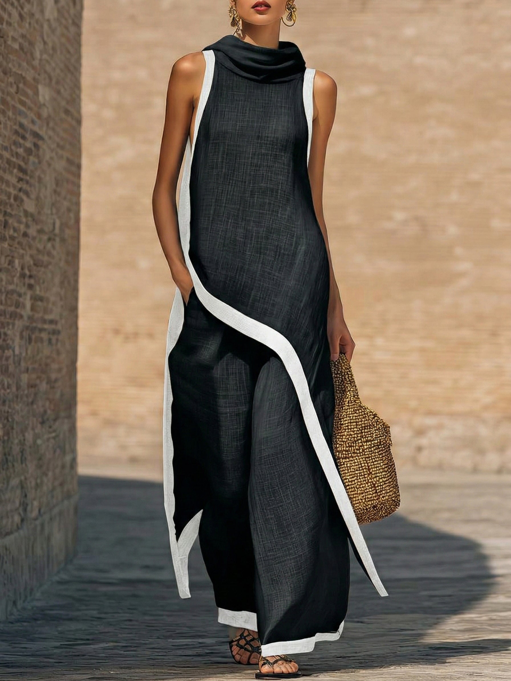Conjunto de dos piezas en lino y algodón, elegante con corte artístico.