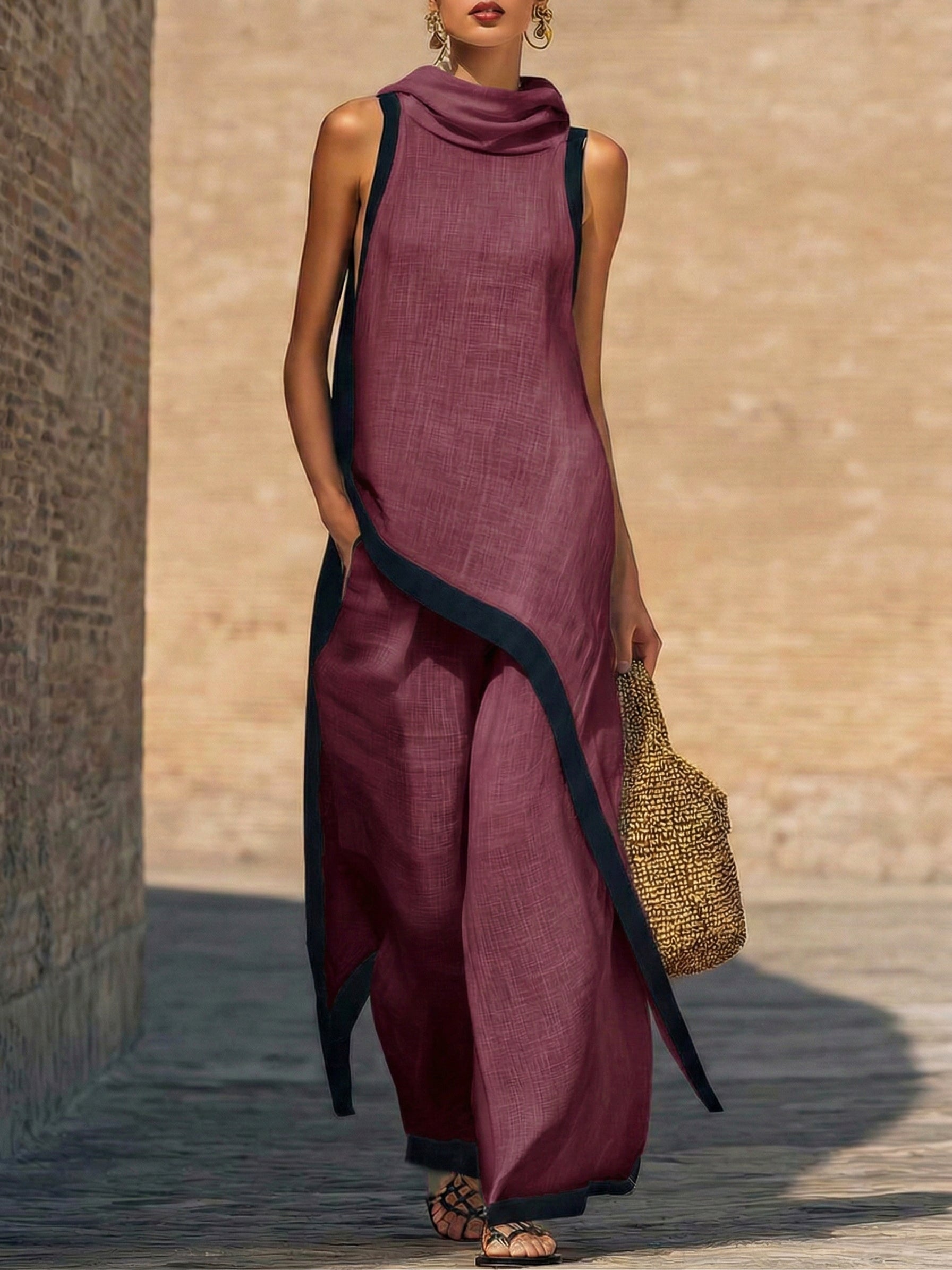 Conjunto de dos piezas en lino y algodón, elegante con corte artístico.