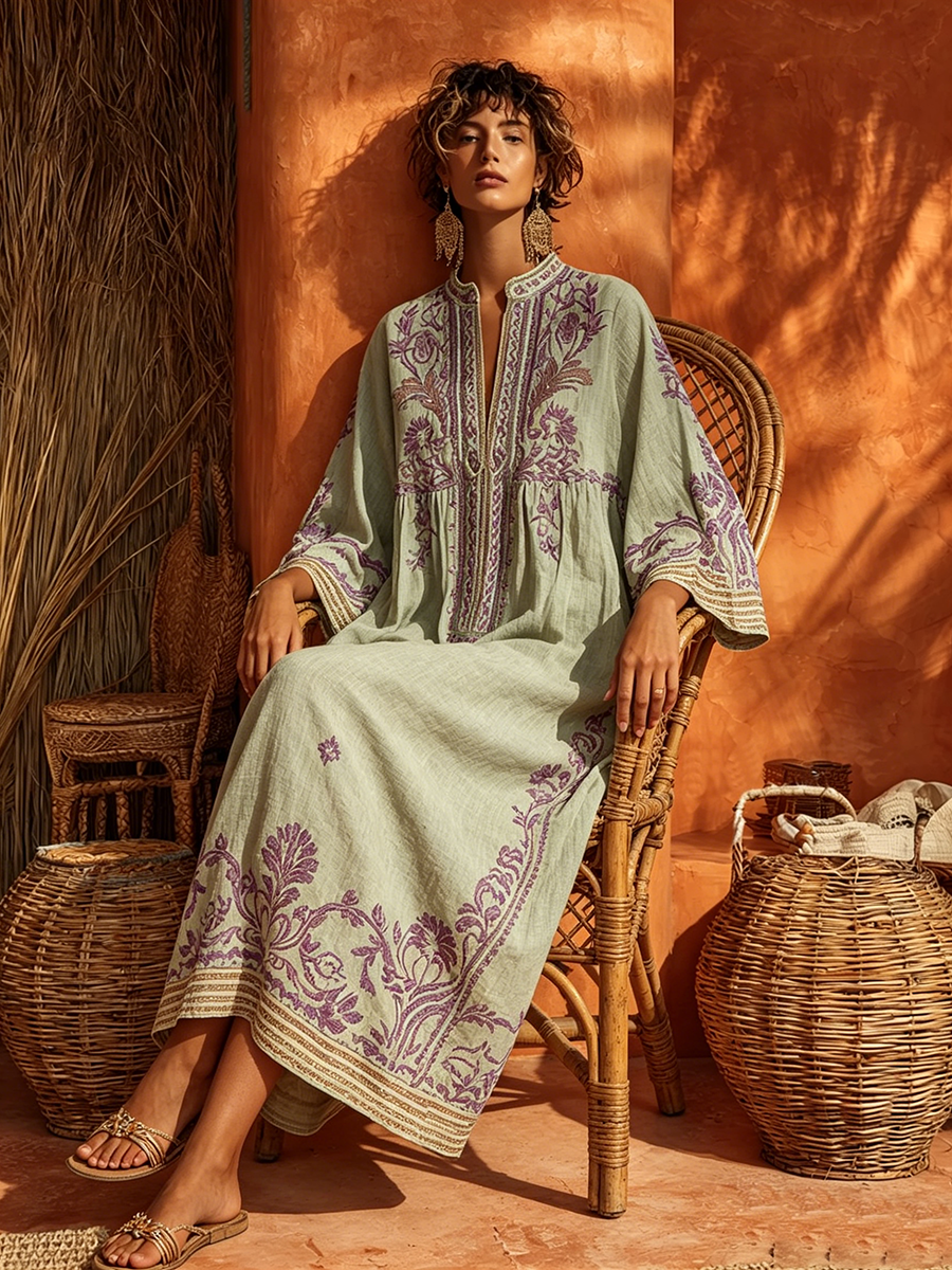 Vestido maxi bohemio de algodón y lino con estampado floral - estilo veraniego ligero y sin esfuerzo