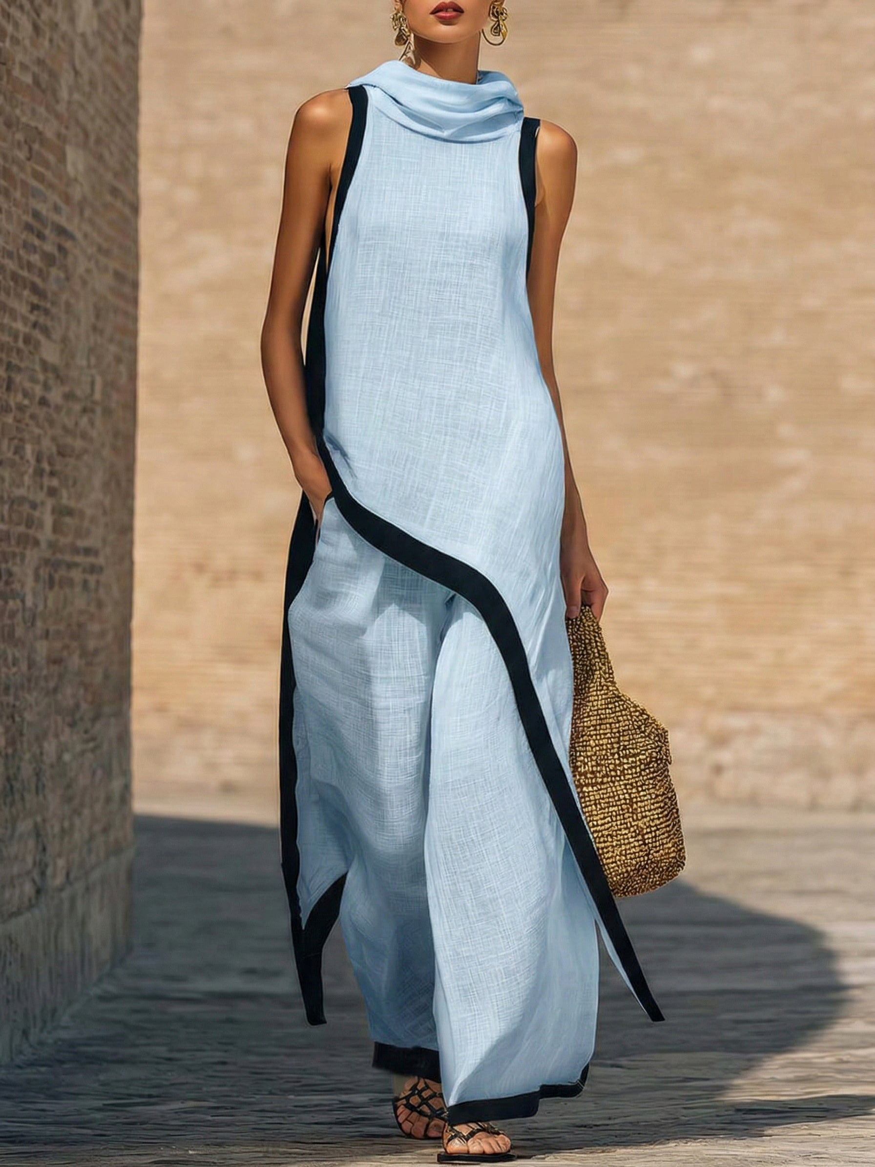Conjunto de dos piezas en lino y algodón, elegante con corte artístico.