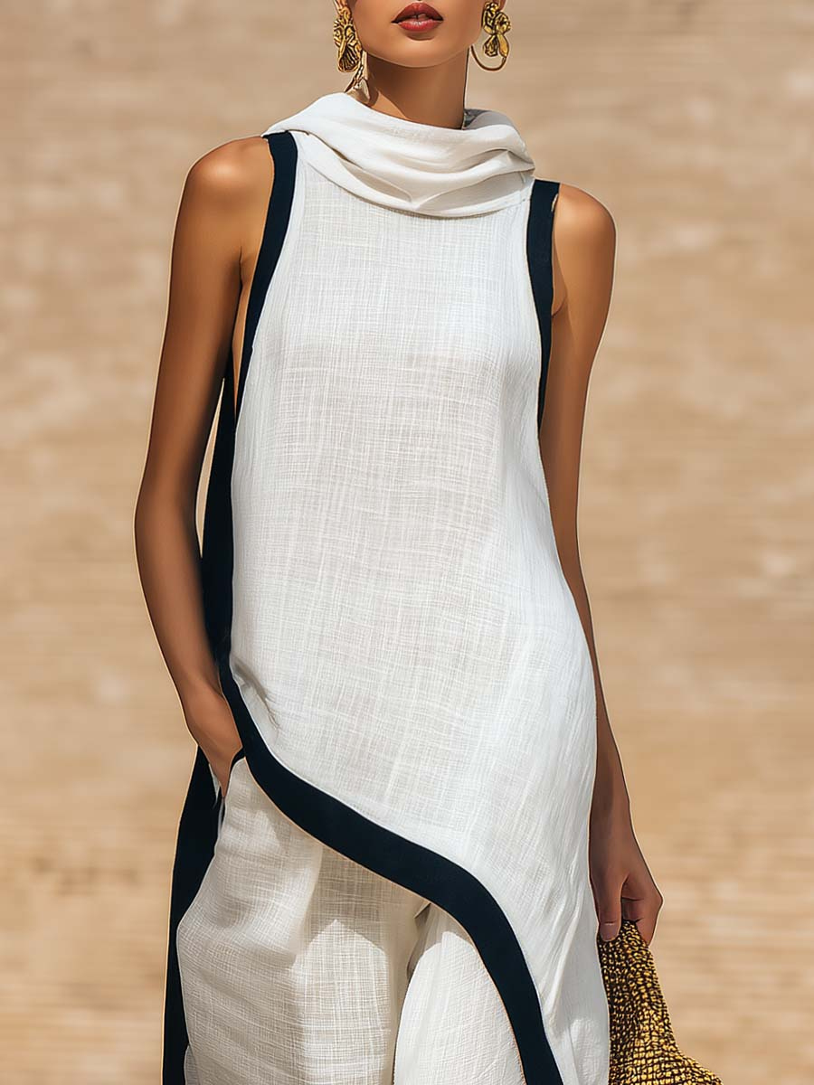 Conjunto de dos piezas en lino y algodón, elegante con corte artístico.